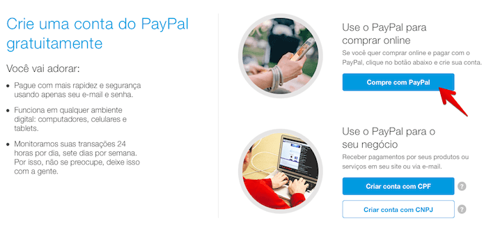 criação de uma conta PayPal